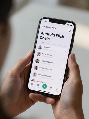 Over-the-shoulder macro perspective of hands holding a modern Android phone in natural morning light, displaying a clean, high-contrast educational application interface with crisp typography and soft screen glare.