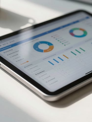 Close-up macro shot of a physical Android tablet resting on a clean slate worktable, displaying a high-fidelity business dashboard with precise data visualization, natural daylight casting soft shadows.