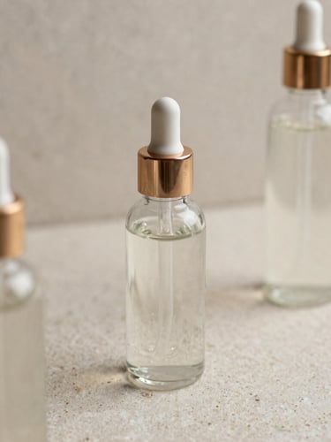 Elegant editorial photography of heavy glass skincare bottles on textured neutral stone, soft diffused side daylight, muted neutral tones, macro lens, shallow depth of field