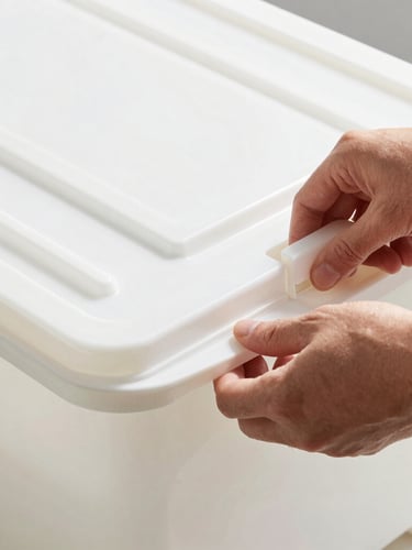 Close-up of a person's hands snapping shut the interlocking lid of a heavy-duty plastic moving tote, bright daylight, high contrast.