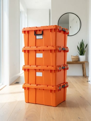 A stack of bright orange plastic moving totes sitting neatly in a sunlit modern apartment entryway, clean lines, sharp focus.