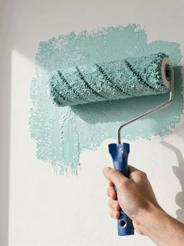 A close-up of a professional painter's hand using a high-quality roller to apply soft teal paint to a clean, textured interior wall, natural light streaming from the side, clean edges