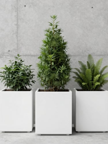 Eye-level straight-on architectural photograph of monolithic matte-finished white fibre planters containing structured green foliage, set against a raw concrete wall, soft diffused overcast daylight, sharp focus, 35mm lens