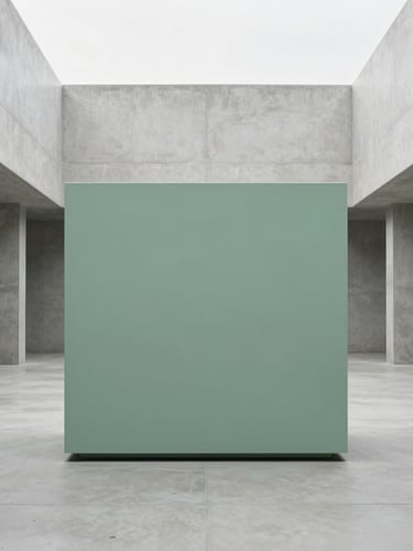 Straight-on eye-level shot of a massive monolithic matte-finished planter in a minimalist concrete atrium, soft overcast daylight, architectural scale, 35mm lens