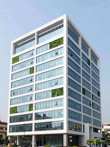 A bright, professional architectural photograph of a modern civic office building in Bangalore, clean glass windows, green sustainability accents, bright natural daylight, crisp corporate colors, wide environmental framing, professional 35mm lens.