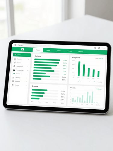 A clean flat-lay mockup of a digital civic dashboard on a tablet screen, showing green progress bars, budget charts, and transparent ledger entries, bright natural daylight.