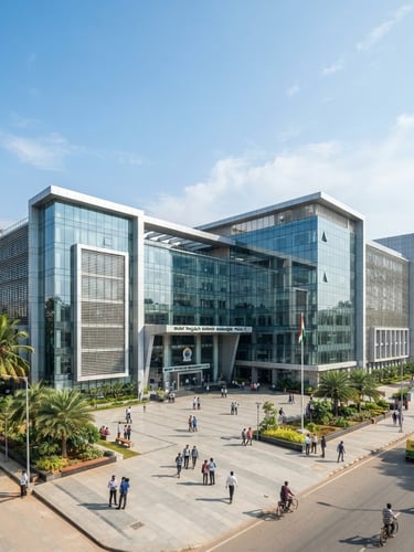 Wide environmental shot of Bangalore municipal office with clean modern glass architecture, bright natural daylight, crisp corporate colors, professional 35mm lens.