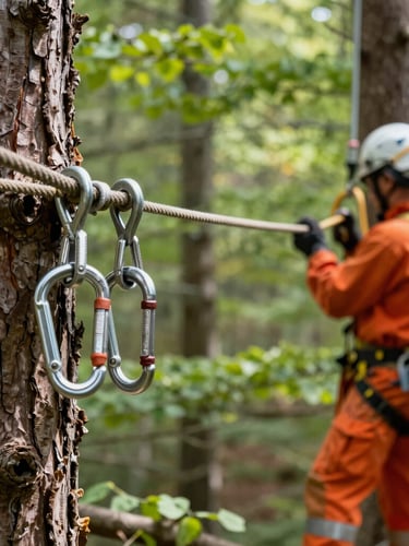 Close-up of industrial rigging ropes and heavy steel carabiners attached to a thick tree trunk, professional arborist in safety orange gear working in the background, crisp daylight.