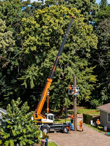 Wide environmental shot of a professional tree rigging crew in safety orange gear operating a heavy crane near a residential property, bright daylight, high contrast