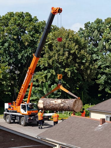 Wide environmental shot of a 60-ton crane lifting a massive oak trunk section over a residential roof, bright crisp daylight, grounds crew in high-visibility safety orange vests guiding the descent.