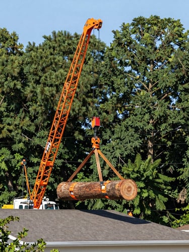Wide environmental shot of a massive crane lifting a heavy pine tree trunk over a residential roof, bright crisp daylight, precision rigging gear visible, high-contrast forest green and safety orange safety gear.