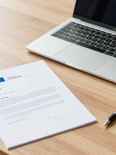Clean flat-lay of a modern laptop, official job application documents, and a pen on a sleek wooden office desk, bright natural daylight