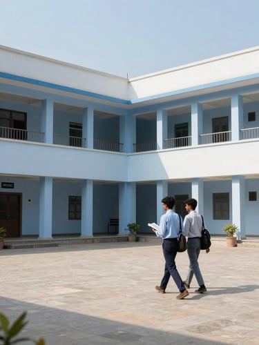 A bright, sunlit courtyard of a historic Pakistani university campus, student walking with books, clean architectural lines, professional blue tones