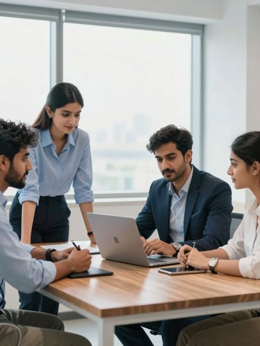 Bright modern corporate office in Karachi, young Pakistani professionals collaborating around a wooden table, large windows with soft daylight, professional blue tones