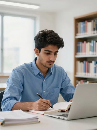 A young Pakistani student studying with books and a laptop in a bright, modern library in Islamabad, soft natural window light, professional blue tones