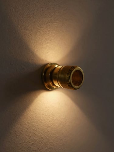 Moody close-up of a matte brass joint on a raw plaster background, warm ambient glow, deep shadows, 50mm architectural editorial photography