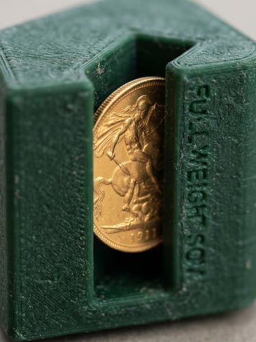 Sharp macro close-up of a deep green 3D-printed coin tester with a gold sovereign sliding through the slot, bright studio light, rich gold tones