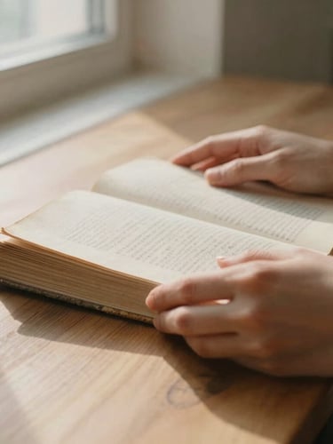 Close-up of hands holding a worn linen book on a wooden table, soft morning window light, warm diffused shadows.