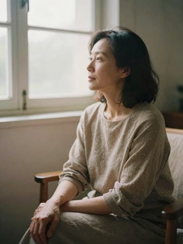 A mature woman in her late 40s sitting in a sunlit room, looking thoughtfully out a window, soft morning light, warm earthy tones, 35mm film look.