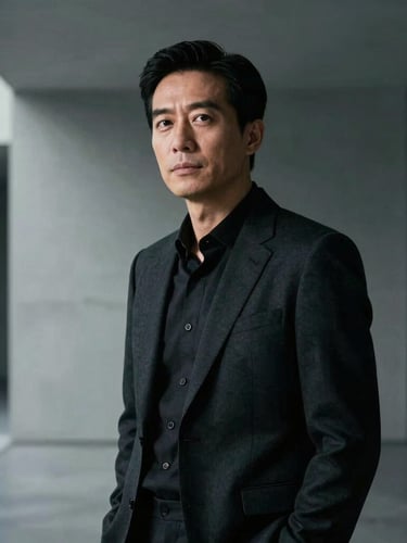 Sleek modern editorial portrait of a visionary leader in a desaturated architectural space, high-contrast studio lighting, sharp neon highlight