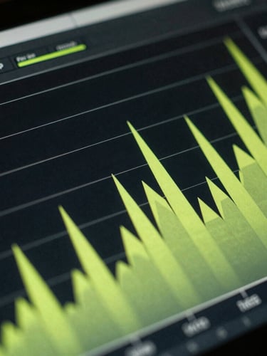 Extreme close-up of a high-end digital interface displaying sleek, desaturated data graphs with sharp neon lime highlights, captured in stark studio lighting, medium format film.