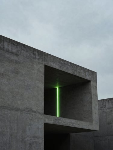 Minimalist architectural concrete structure under stark overcast sky, deep shadows, clean lines, medium format film