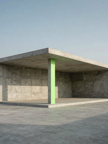 Wide panoramic architectural shot of a brutalist concrete pavilion in Dubai, sharp geometric shadows, overcast cool daylight, negative space.