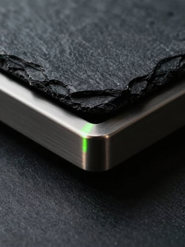 Macro close-up of premium textured dark slate and brushed titanium, stark studio lighting, deep shadows, cool desaturated tones with a subtle neon green reflection, architectural precision.