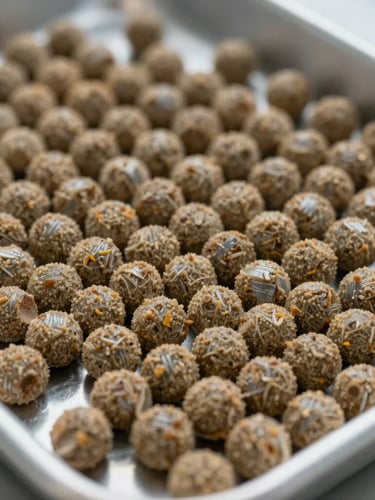 Close-up of high-quality extruded fish feed pellets showing rich texture and uniform shape on a sterile metal laboratory tray, sharp focus, industrial lighting.