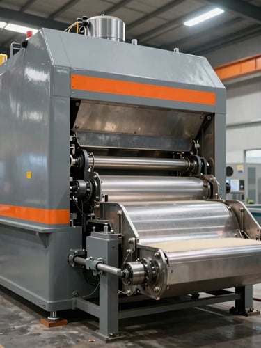 Wide shot of heavy-duty industrial feed pelleting machinery in operation, steel gray metallic surface with safety-orange warning stripes, bright clean industrial lighting.