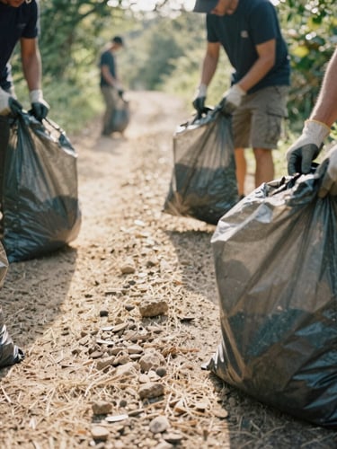 Close-up of volunteers actively cleaning a dusty off-road trail, hands wearing gloves, bagging trash, harsh midday sun, rugged outdoor photography.