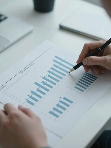 Close-up of hands analyzing physical statistical reports on a clean desk, sharp focus, cool diffused daylight, desaturated blue and slate tones.