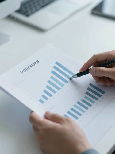 Close-up of hands analyzing a structured statistical report on a clean workspace, cool diffused daylight, desaturated blue and slate tones, sharp focus