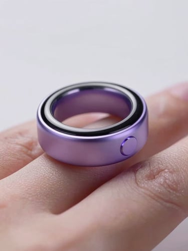 Macro close-up of a sleek, minimalist smart ring on a finger, glowing with a soft purple ambient light, clean studio lighting, high-end tech aesthetic