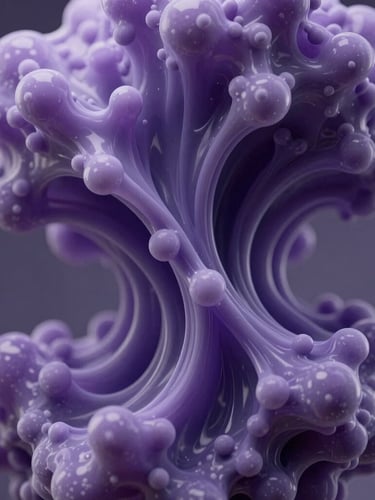 Macro abstract 3D render of fluid lavender and deep purple organic flows, representing metabolic energy movement under cool diffused studio lighting, high-end medical-tech aesthetic