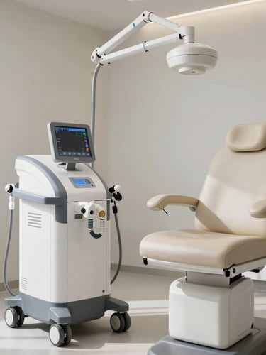 A high-end clinical treatment room in Baghdad, featuring a sleek aesthetic laser device positioned next to a minimalist leather practitioner chair under bright clinical daylight.