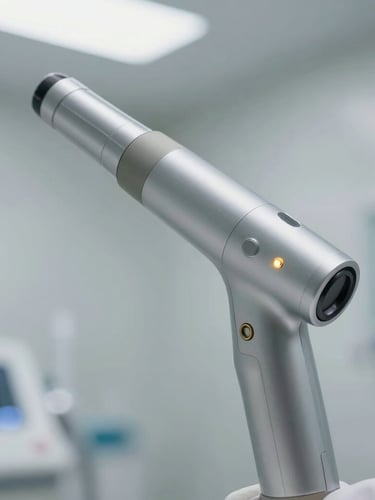 Macro close-up of a sleek medical laser handpiece with a glowing gold indicator light, set against a sterile, minimalist clinic background with soft daylight.