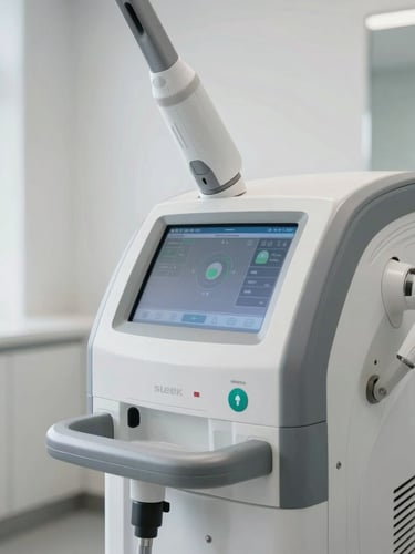 Sleek clinical laser device interface in a bright, modern white clinic, architectural framing with soft natural daylight.