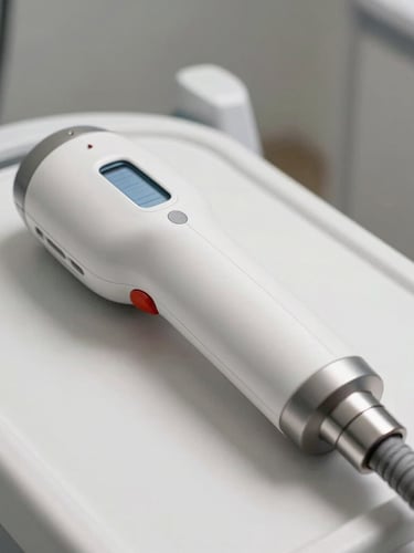 A close-up of a sleek, medical-grade aesthetic laser handpiece resting on a white clinical console, bright clinical lighting with soft shadows