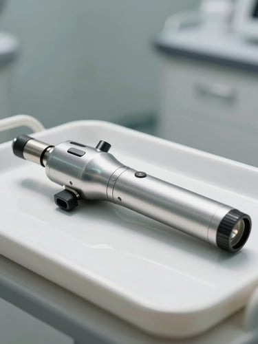 Sleek metallic laser handpiece resting on a white clinical tray, bright clinical daylight, soft shadows, minimalist medical clinic background, landscape composition.