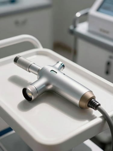 Close-up of a sleek medical laser handpiece resting on a pristine clinical cart, bright clinical daylight, soft shadows, luxury clinic background.