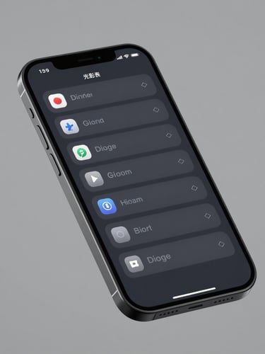 Crisp digital render of a dark smartphone interface showing a complex nested component library grid, sharp straight-on angle, neutral gray background, soft studio lighting.