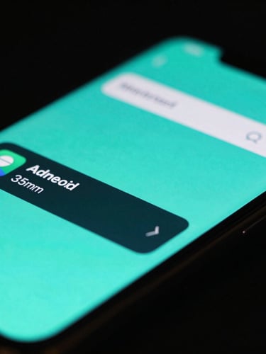 Extreme close-up of a physical Android device displaying a fluid UI layout, dark low-key studio lighting, vibrant neon cyan accents, macro lens, sharp focus, 35mm
