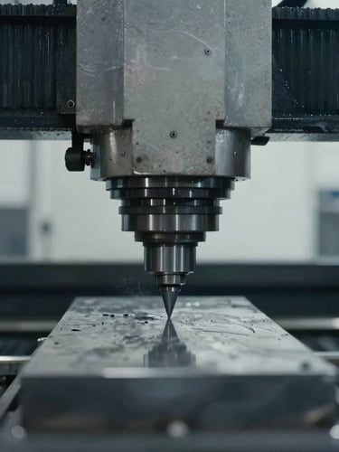 Extreme close-up of a high-precision CNC milling machine cutting steel, cool overcast daylight, desaturated tones, 35mm
