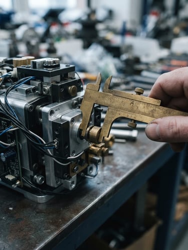 Extreme close-up of a technical product prototype being measured with brass calipers, cool industrial daylight, 35mm