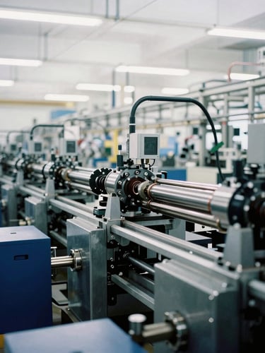 Wide environmental shot of an organized high-precision factory floor, cool daylight reflecting off steel machinery, 35mm