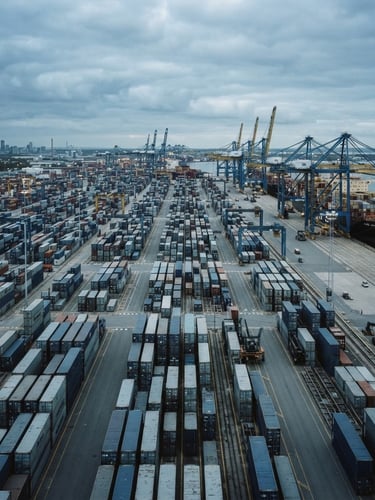 Wide-angle architectural shot of a modern deepwater shipping port, cargo containers stacked in geometric rows under a cool overcast sky, desaturated steel blue tones, 35mm