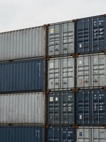 Close-up of organized shipping containers stacked neatly at a cargo terminal, desaturated steel and navy tones, 35mm