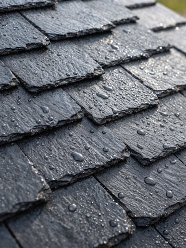 A close-up vertical shot of water beading perfectly on dark slate asphalt shingles treated with nanotechnology, bright Quebec daylight, sharp focus on texture.