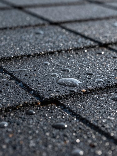 Extreme macro close-up of water beading perfectly on treated dark asphalt shingles, showing the protective nano-barrier under bright daylight.